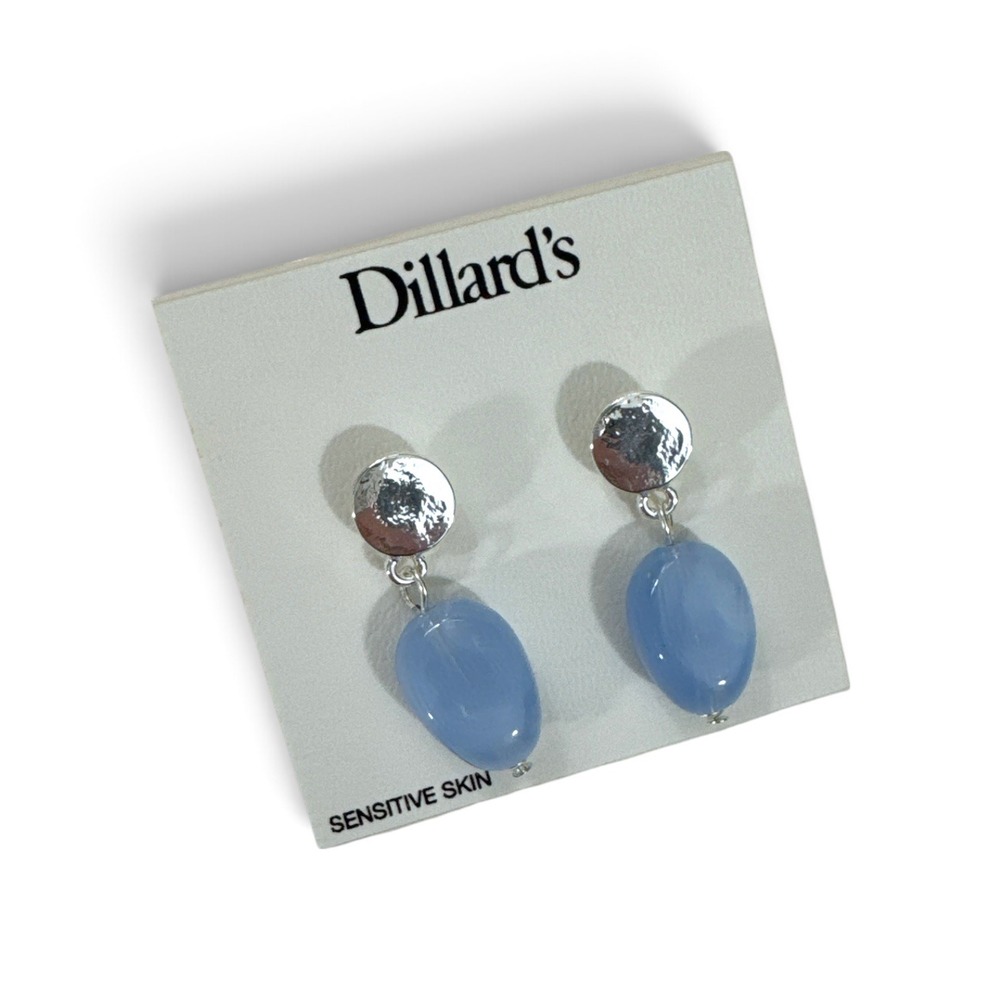 Dillards Silver Tone Hammered Disc Light Blue Oval Bead Drop Earrings NWT